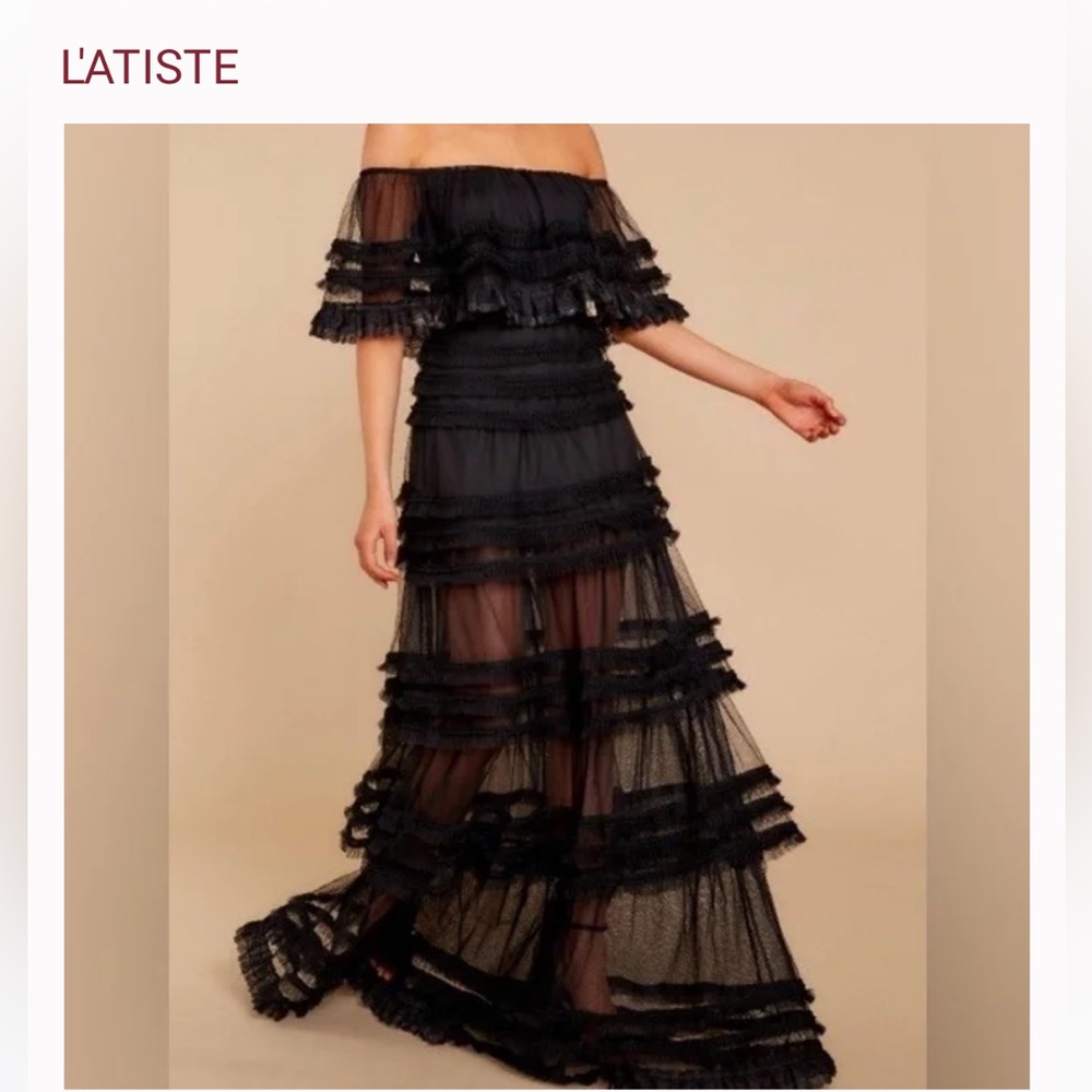 L’Atise Black Off-Shoulder Maxi Dress